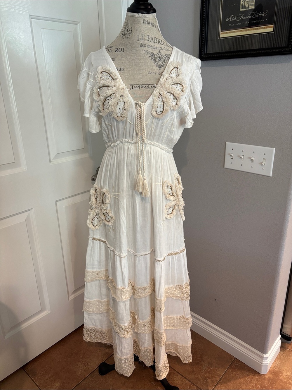 POL Cream and White Embroidered Maxi Dress with Tassel Tie
